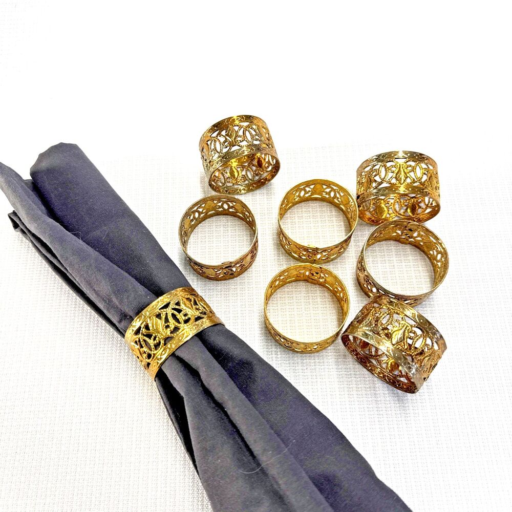 Set of 8 Vintage Gold Tone Metal Ornate Napkin Rings - holiday Thanksgiving